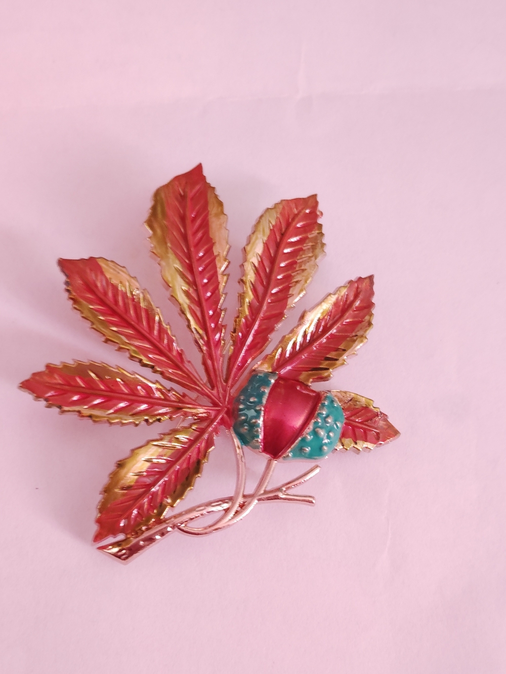 NWT Golden Autumn Fall Leaf With Acorn Brooch in Orange, Gold & Green Teal